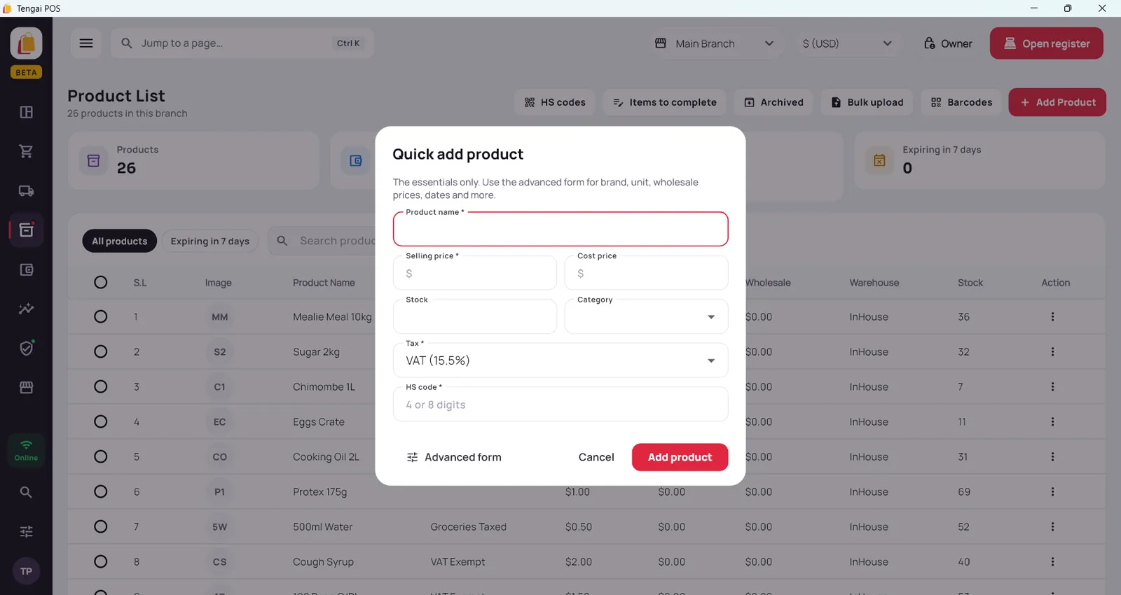 Tengai POS for Windows: Products screen