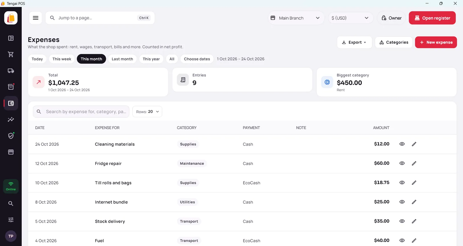 Tengai POS for Windows: Expenses screen