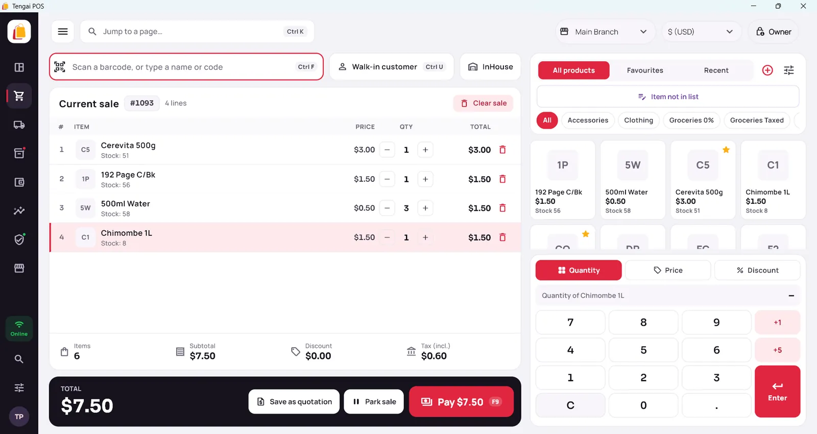 Tengai POS for Windows: Register screen