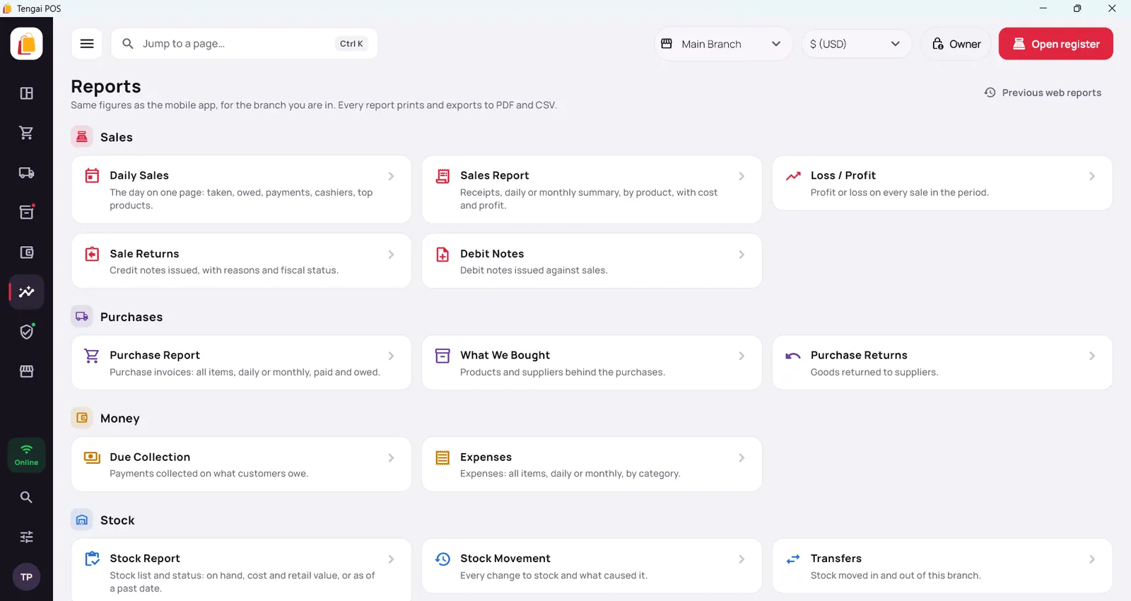 Tengai POS for Windows: Reports screen