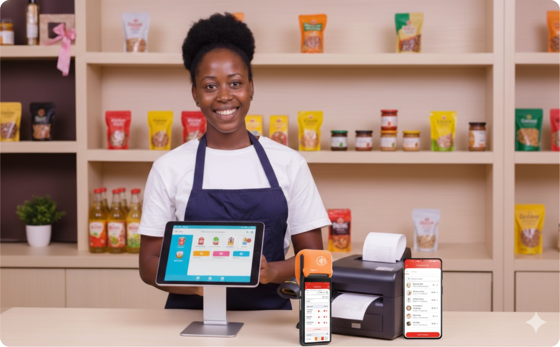 Woman in Shop with different Mobile POS Devices